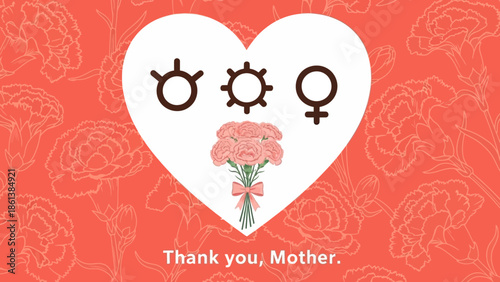 Mother's Day Illustration with Carnation Flowers, Gender Symbols and Heart shape
