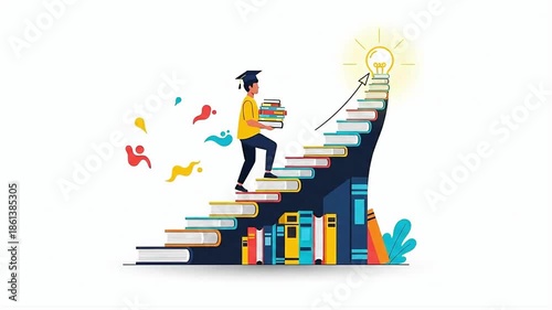 Illustration of a student climbing a staircase made of books towards a bright lightbulb symbolizing knowledge and success