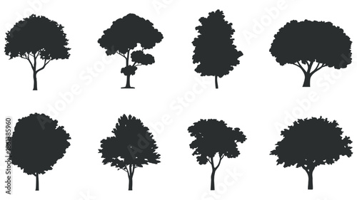 Collection of diverse tree silhouettes in various shapes for natural landscape designs and ecological graphics representing foliage types