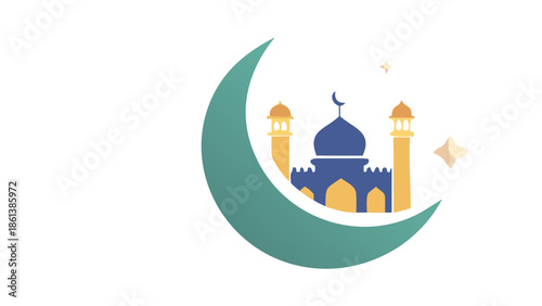 Composition icon of a large crescent moon with a small mosque silhouette inside, Eid and Ramadan theme