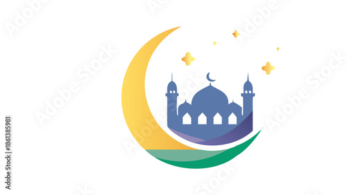 Composition icon of a large crescent moon with a small mosque silhouette inside, Eid and Ramadan theme