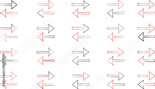 Collection of hand drawn opposing arrows in contrasting black and red ink suggesting direction exchange and contrast.
