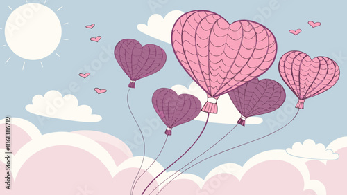 A whimsical hot air balloon made of four heart-shaped pink balloons floats among cartoon clouds and a pale yellow sun, evoking a dreamy, romantic atmosphere.
