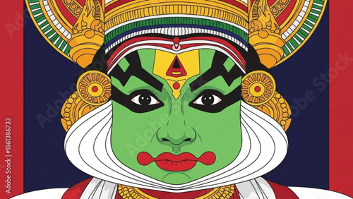 Kathakali dancer traditional indian mask green face with elaborate headdress and jewelry on dark blue background