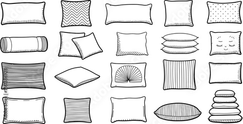 Hand Drawn Cushion Icon Set Featuring Various Pillow Shapes Patterns and Decorative Bolsters for Interior Design Bedding Comfort and Home Decor Doodles (22 words)