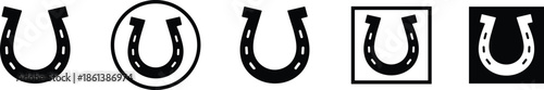 Solid and Outline Vector Icon Set Featuring Traditional Horseshoes for Equestrian Sports and Good Luck Charm Branding