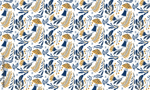 Whimsical pattern of mushrooms and foliage in blue and yellow, perfect for textile and paper design