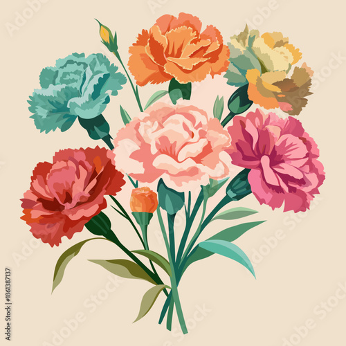 Illustration of a carnation bouquet evoking Mother's Day. Vector illustration. Watercolor style. Gratitude. Surprise. Gift. Present.