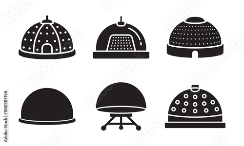 Industrial dome and futuristic bio habitat structure icons representing sustainable architecture or storage tanks in black silhouette style