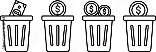 Outline Vector Icon Set Featuring Trash Bins with Currency Bills and Coins Representing Financial Waste and Savings