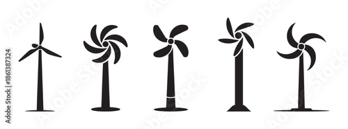Renewable energy wind turbine silhouette icons with various propeller designs for sustainable power generation and wind farm concepts