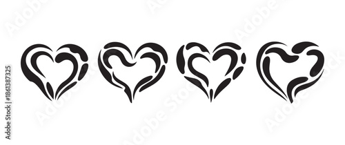 Set of Four Abstract Wavy Heart Silhouettes, Minimalist Black and White Liquid Swirl Heart Icons for Romantic Designs and Valentine's Day Graphics