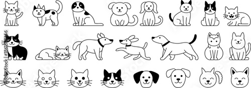 Large collection of cute cat and dog line icons featuring various pet breeds animal faces and poses isolated on white background (20 words)