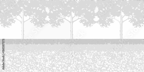 A grayscale landscape featuring trees and a textured ground surface