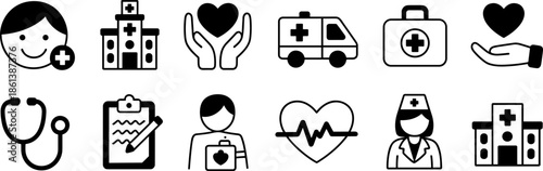 Medical and Healthcare Icon Set Featuring Hospital Building Ambulance Stethoscope Heart Care Doctor and Nurse Silhouette Symbols for Clinical and Wellness Designs (21 words)