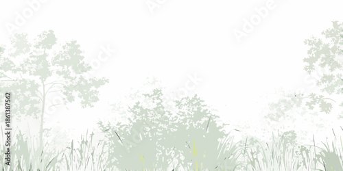 Minimalist landscape with silhouetted trees and grassy field in soft green tones