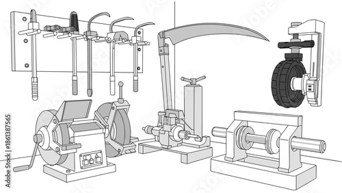 Workshop tools illustration featuring a scythe, grinding machines, and sharpening equipment. Ideal for maintenance, craftsmanship, and detailed blade work