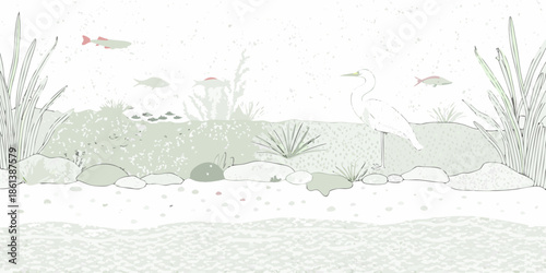 A serene illustration of a heron wading in a shallow grassy wetland