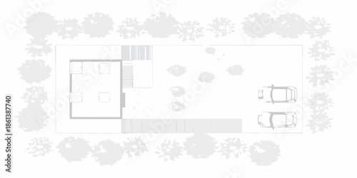 Architectural plan of a modern house with surrounding landscape and parking area