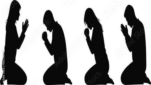 Prayer silhouette vector set showing kneeling figures, clasped hands, bowed heads, black shapes, spiritual posture, isolated design, devotion concept, expressive meditation illustration