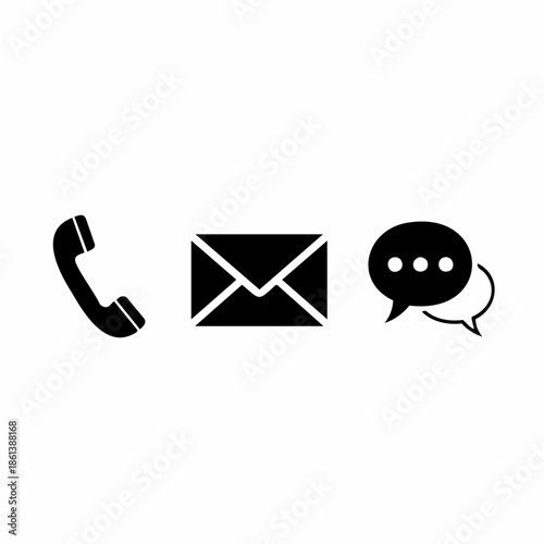Set of three black communication icons — telephone, envelope, and speech bubble — minimalist, universal symbols for contact, messaging, and customer service