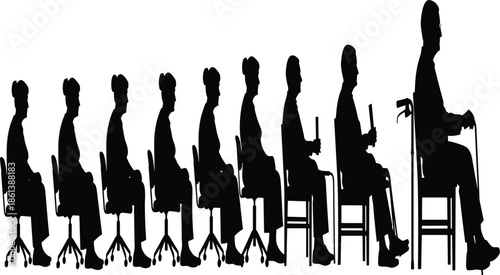 Silhouette vector set showing aging process, youth to old age, seated posture changes, black shapes, life stages concept, isolated design, expressive transformation illustration, human development 