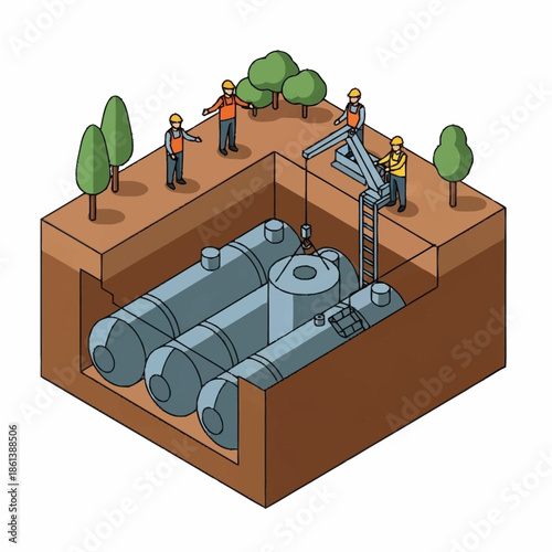 Underground Storage Tank Installation with Workers and Crane.