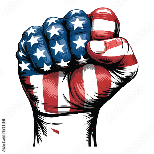 American flag fist raised symbolizing patriotism democracy and unity gesture of resistance and power with stars and stripes on strong hand representing usa
