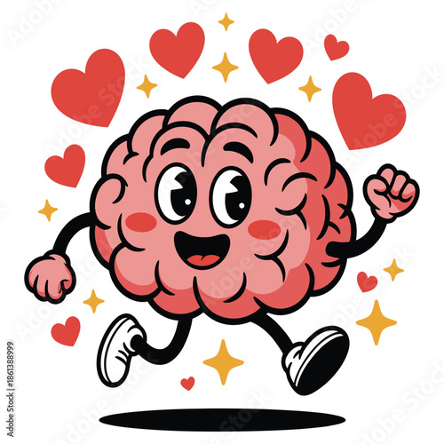 Happy brain cartoon character running with hearts and stars celebrating love and positivity healthy mind and creative thinking mental well being concept