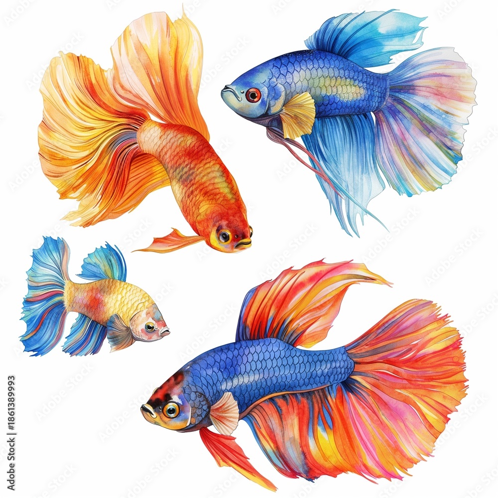 Fototapeta premium Aquarium fish set on white background, hand drawn watercolor clip art.
