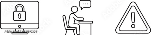 Computer security and communication line icons set with desktop monitor lock symbol person at desk with speech bubble and warning alert triangle