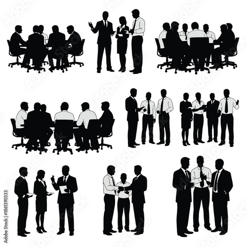 Business people interacting in various professional settings depicted in silhouette illustrations