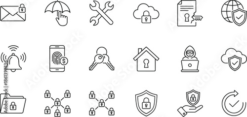 Cybersecurity and data protection line icons set featuring encrypted email cloud security fingerprint mobile login network shield and hacker protection symbol elements