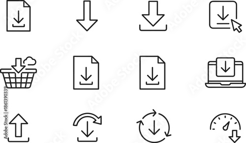 Download and upload line icons set featuring file transfer symbols cloud storage basket laptop interface update arrows and speed loading indicators