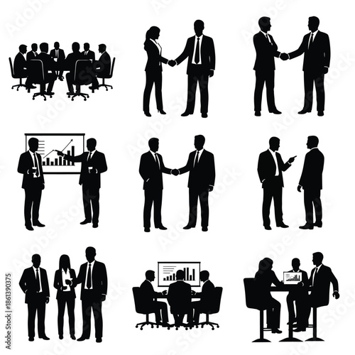 Business professionals interacting in various office settings and collaborative environments