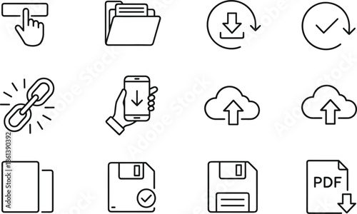 File management and cloud storage line icons set featuring download upload symbols pdf document floppy disk folder mobile data transfer and link connectivity