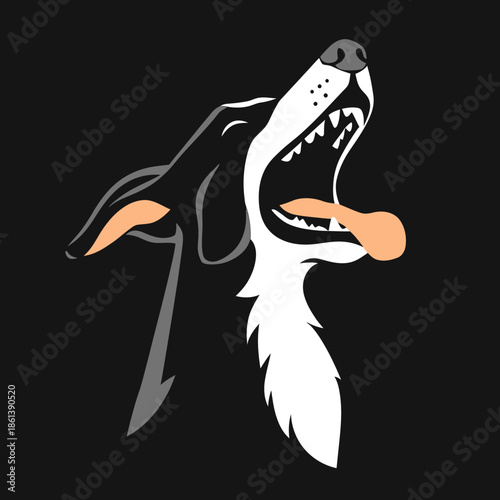 Minimalist vector illustration of a black and white dog barking with open mouth showing tongue and teeth on dark background