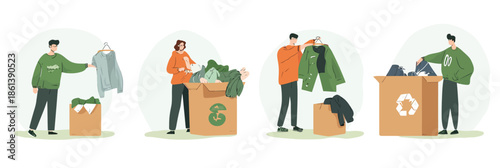 Volunteers collecting sorting and packing used clothes for charity donation recycling second hand clothing exchange fabric reuse concept flat vector illustration