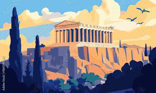Ancient Acropolis of Athens Parthenon Temple on Hilltop with Classical Greek Architecture and Scenic Sky Background Vector Illustration
