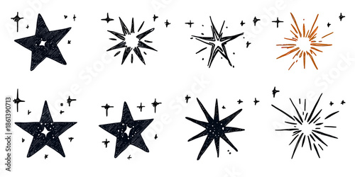 Hand drawn star spark glitter doodle set with shine and sparkle light effects in black and orange minimalist vector style for decoration and design elements
