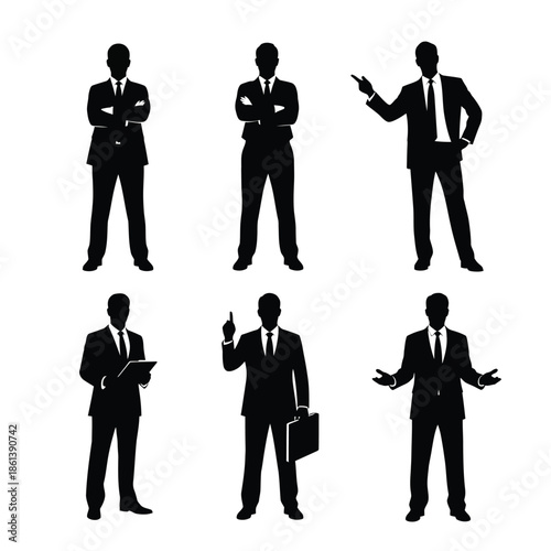 Silhouettes of businesspeople in various poses and actions, showcasing different aspects of professional life and corporate culture.