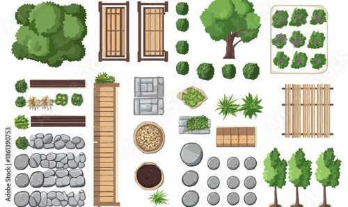 top view garden elements set wooden stone fences bushes trees stepping stones flower beds landscaping design flat vector illustration