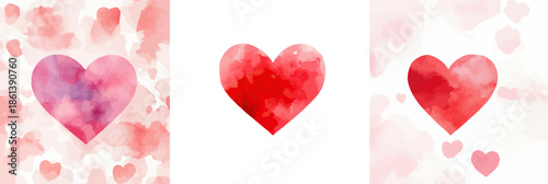 Set of three red and pink watercolor hearts with abstract soft background for love and Valentine's Day greeting card or romantic design in minimalist style vector illustration