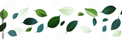 Seamless border with diverse realistic green leaves flying and falling in horizontal pattern flat minimalist vector design for eco nature and organic themes
