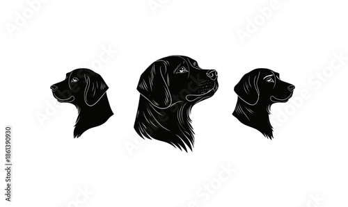 Three black dog head silhouettes facing different directions minimalist flat vector illustration in profile detailed smooth fur texture on white
