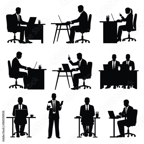 Business professionals working at their desks in a modern office environment viewed from above