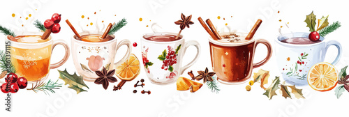 Colorful watercolor illustration of festive winter hot drinks with spices and seasonal garnishes including cinnamon, star anise, holly, cranberries, orange slices, and cloves in decorative mugs