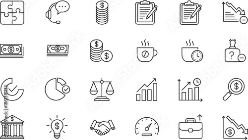 Professional banking and finance line icon set featuring bank building, money bag, gold bars, currency exchange, credit cards, wallet, and trading charts.