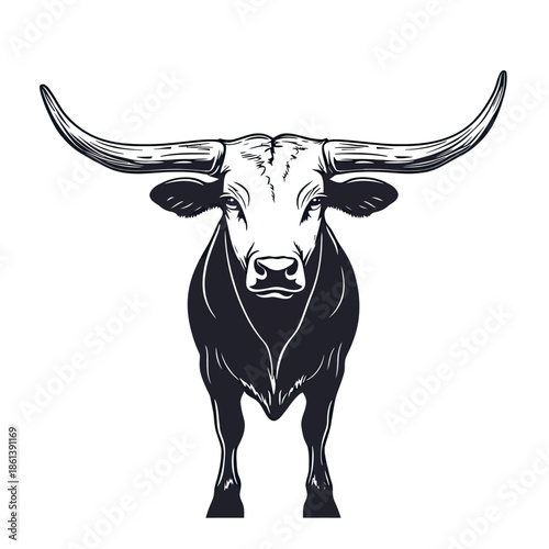Front view illustration of Texas Longhorn cattle with prominent long curved horns in black and white minimalist vector style suitable for logos and branding designs