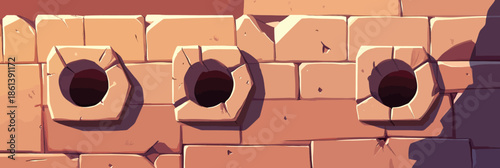 Cartoon stone brick wall with three circular holes cracked detailed cement texture broken barrier illustration of flat minimalist vector design game asset frame concept freedom breakage